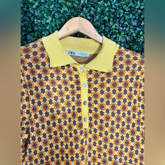 ZARA Mod Geo Floral Jacquard Knit Polo Dress – Size Medium - Picture 2 of 9